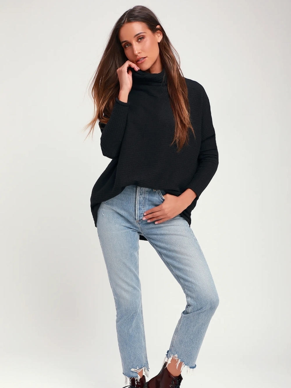 We The Free Free People Kitty Thermal Funnel Neck Tunic Black Size S